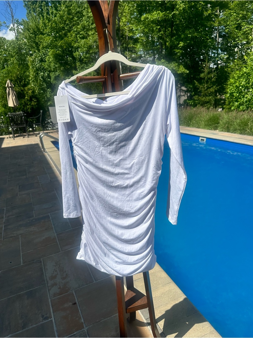 White Off-Shoulder Ruched Long-Sleeve Mini Dress